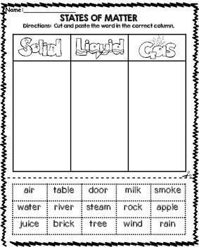 FREEBIE!  States of Matter Cut and paste the words into the correct category (Solid, Liquid, or Gas).