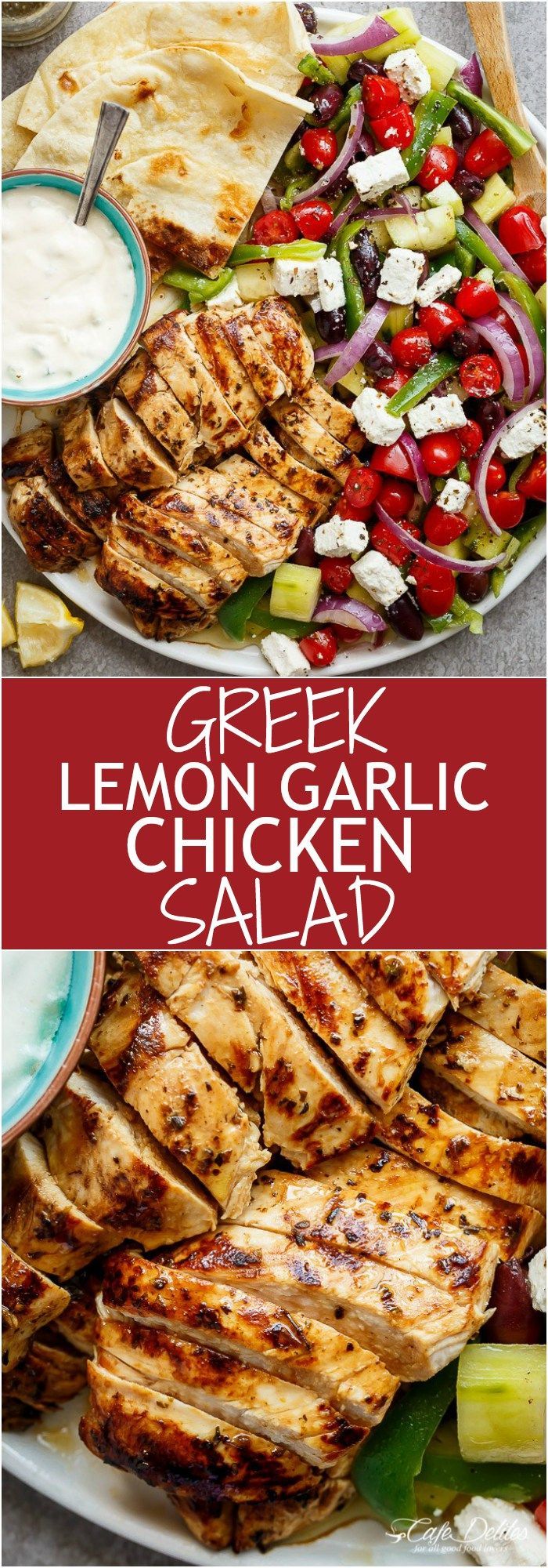 Greek Lemon Garlic Chicken Salad with an incredible dressing that doubles as a marinade! Complete with