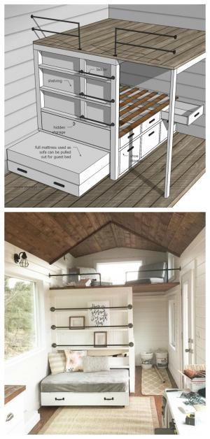 incredible diy loft area with tons of functionality – sofa pulls out to guest bed, framing is storage,