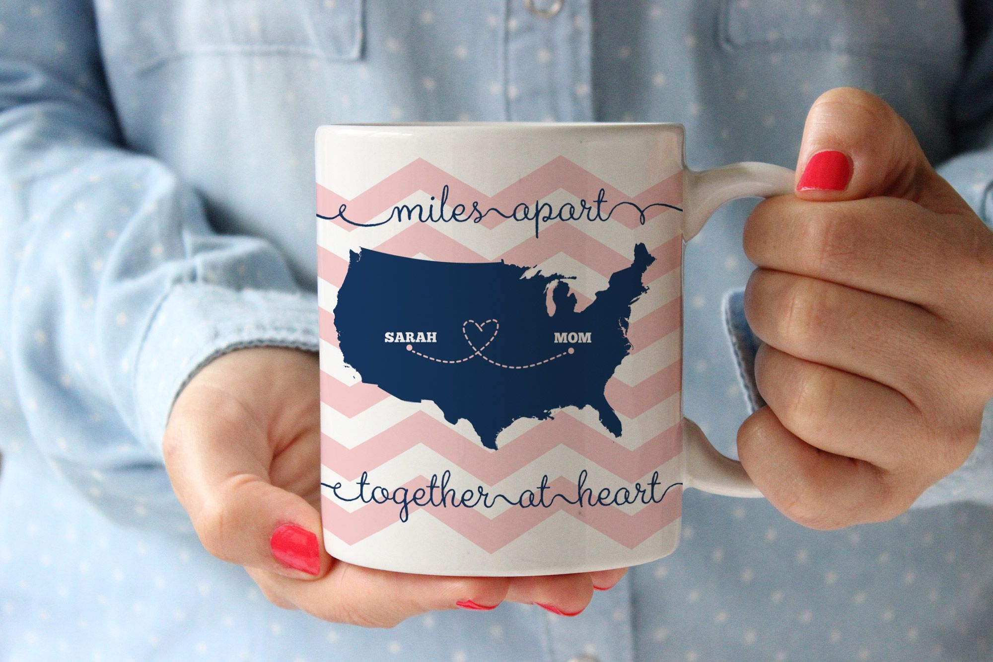 Miles Apart – Together at Heart personalized chevron coffee mug  what a great gift idea for my BFF (an
