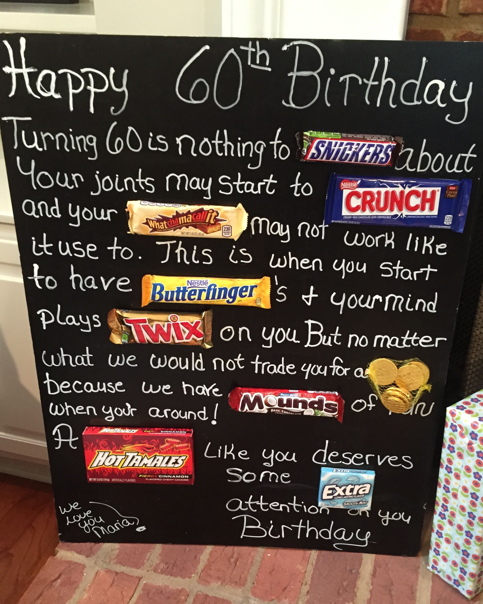 Old age Over the hill 60th birthday card poster using candy bars. Candy bar card