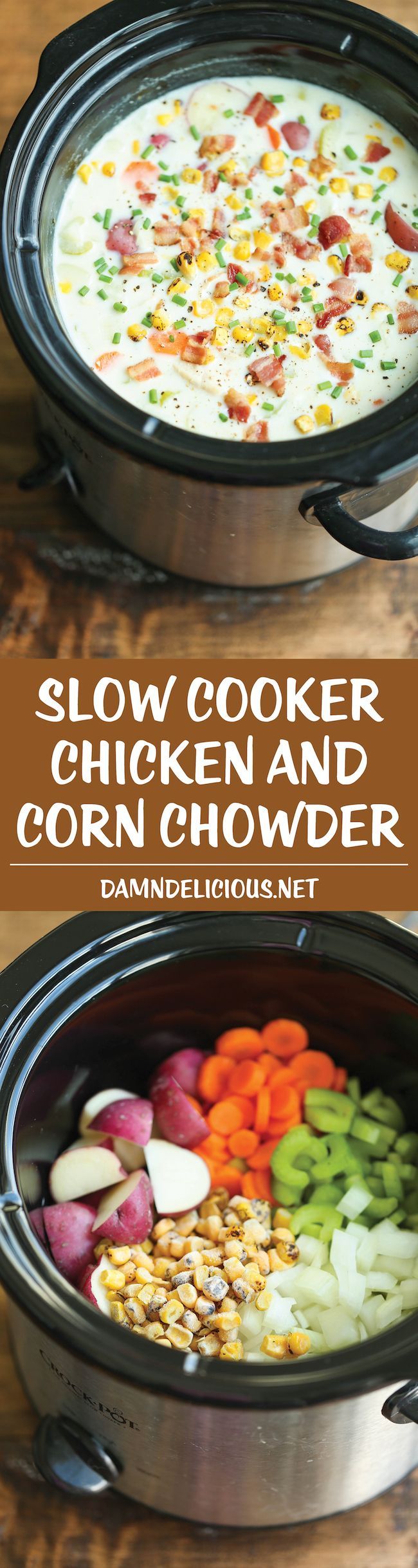 Slow Cooker Chicken and Corn Chowder – Such a hearty, comforting and CREAMY soup, made right in the cr