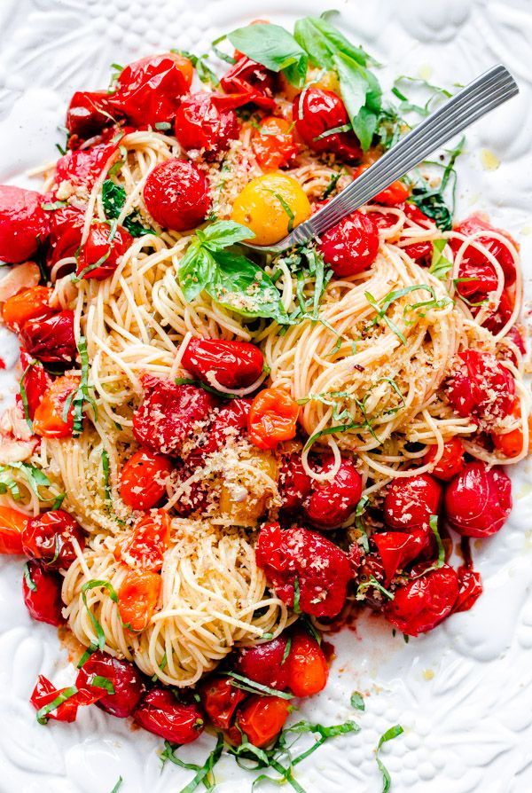 Spaghettini with Roasted Tomatoes, Basil, and Crispy Garlic Breadcrumbs. This dish can be thrown toget