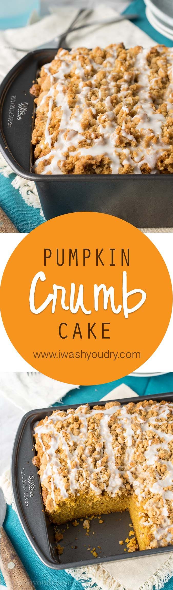 The most soft and delicious Pumpkin Crumb Cake with a sweet icing drizzled over a mound of delicious c