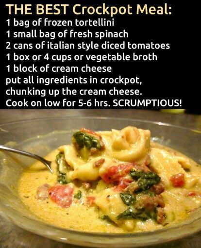 Use spinach and cheese stuffed ravioli (frozen) and only requires 4 hours cooking time on medium.