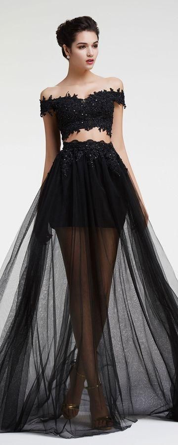 2016 Black Dress Tulle And Lace Off Shoulder Two Pieces Gowns…