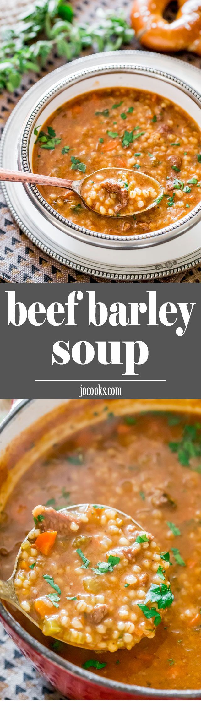 Beef Barley Soup – rich, satisfying, comfort in a bowl. A hearty and delicious soup, loaded with beef