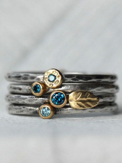 Blue Diamond Leaf Ring Set – 18k Gold and Silver Stack Rings – Set of 4 Diamond Stack Rings