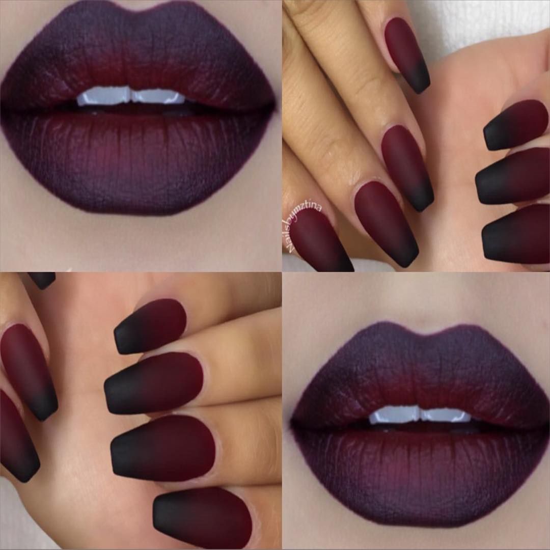 Burgundy and black matte ombre nails