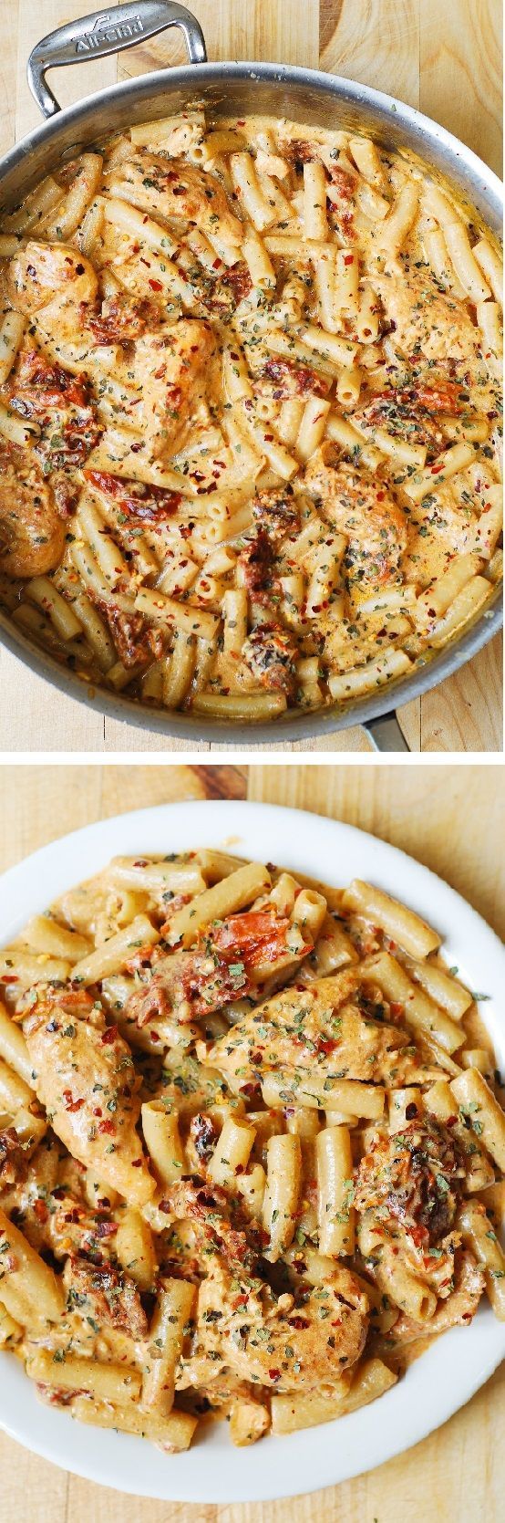 Chicken breast tenderloins sautéed with sun-dried tomatoes and penne pasta in a c