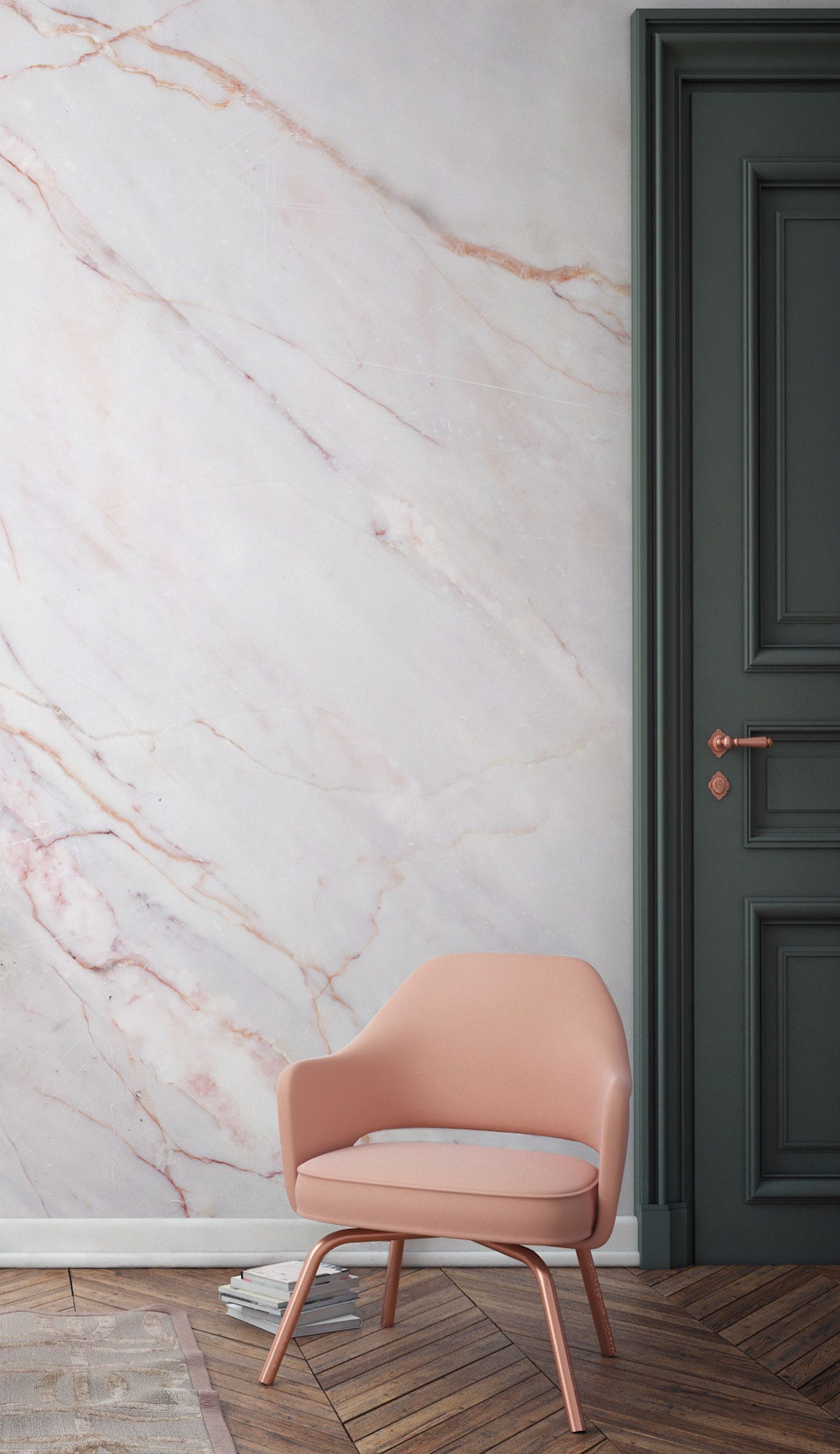 Cracked Natural Marble Wallpaper and a beautiful pink armchair.