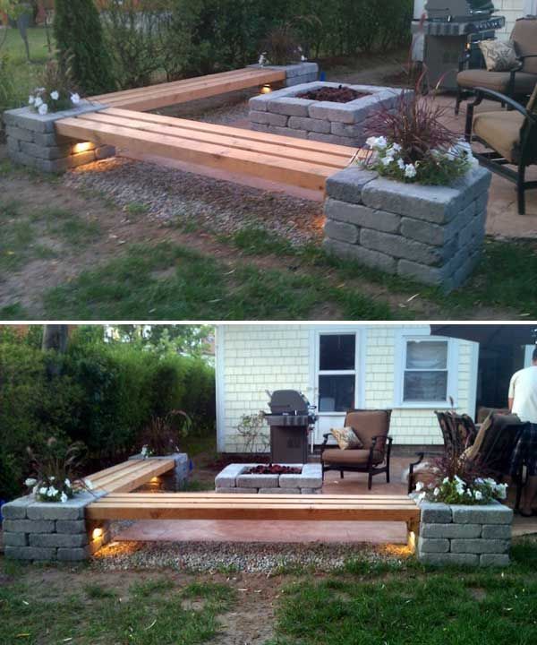 DIY corner bench around the firepit:31 Insanely Cool Ideas to Upgrade Your Patio This Summer