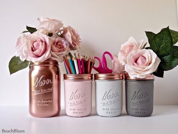 Dorm Decor – Pink Copper Gold Mint Cream – Painted mason jar – pencil holder- Vase – Centerpiece