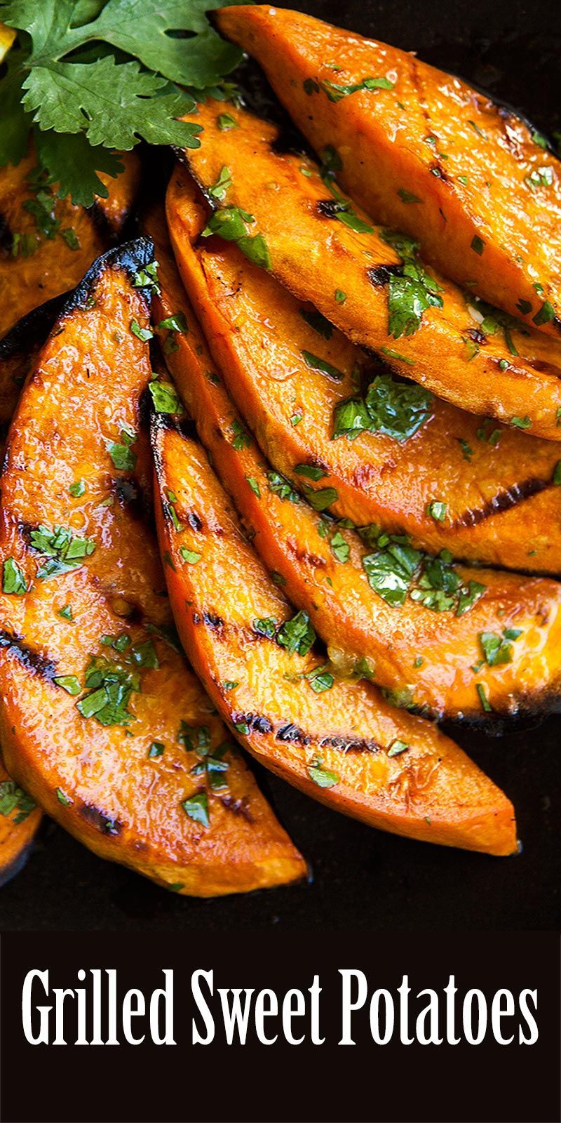 Grilled sweet potatoes! Slices of sweet potatoes grilled and slathered with a cilantro-lime dressing.