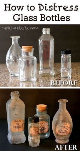 How to distress glass bottles to make them look old and antique.. A great creepy look for halloween