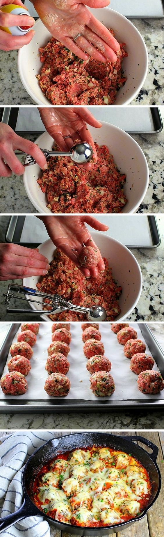 Italian Parmigiana Meatballs coated in marinara, smothered w/mozzarella & Parmesan cheese.  Cook them
