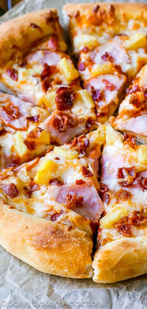 My favorite. Homemade Hawaiian Pizza on the crispiest, fluffiest pizza crust. Extra cheese, extra baco