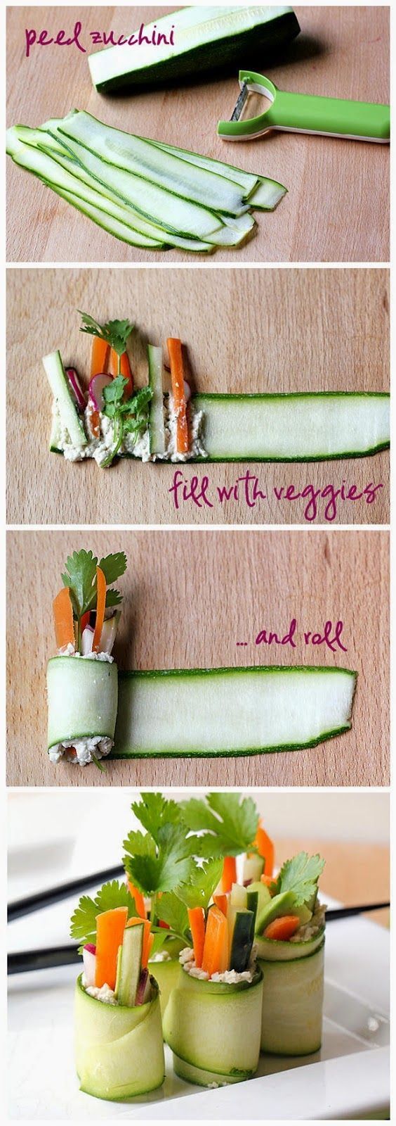 Raw Zucchini “Sushi” Rolls ~ Freshdreamer (Id probably use goat cheese or a yogurt/feta