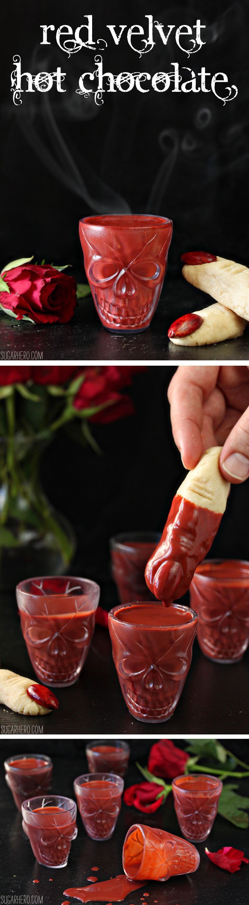 Red Velvet Hot Chocolate, and almond witch finger cookies! | From SugarHero.com