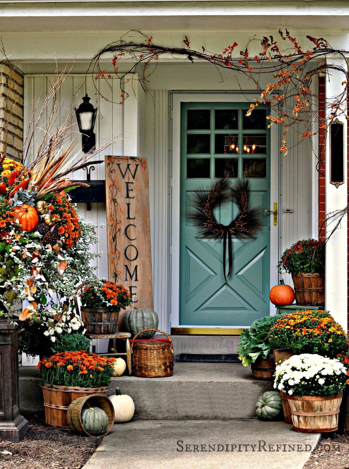 Serendipity Refined: Fall Harvest Porch Decor with Reclaimed Wood Sign