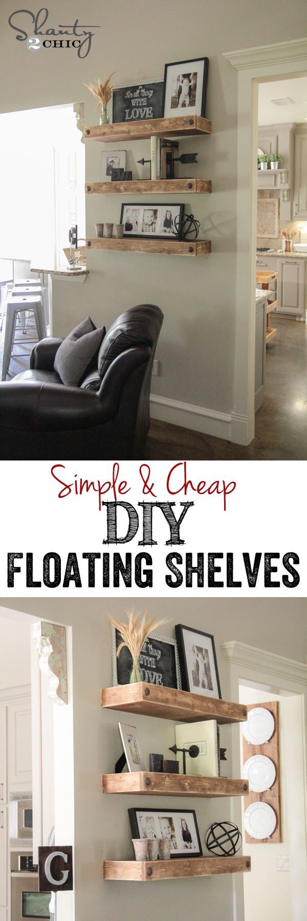 Simple & Cheap DIY Floating Shelves! FREE plans and tutorial at Shanty-2-Chic.com