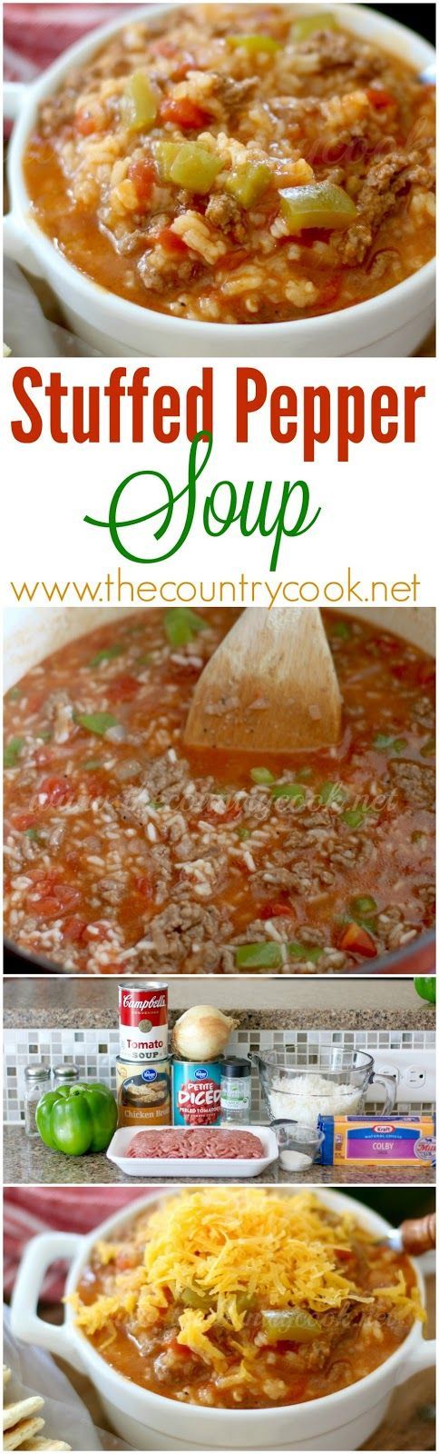 Stuffed Pepper Soup recipe from The Country Cook. Full of rice, ground beef…