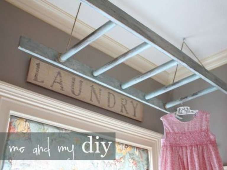 6. Use A Ladder As A Drying Rack! Lots of small laundry room organizational ideas!