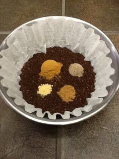 Chai Coffee – mix 1 C ground coffee with 1 tsp cinnamon, 1/2 tsp cardamon, 1/4 tsp