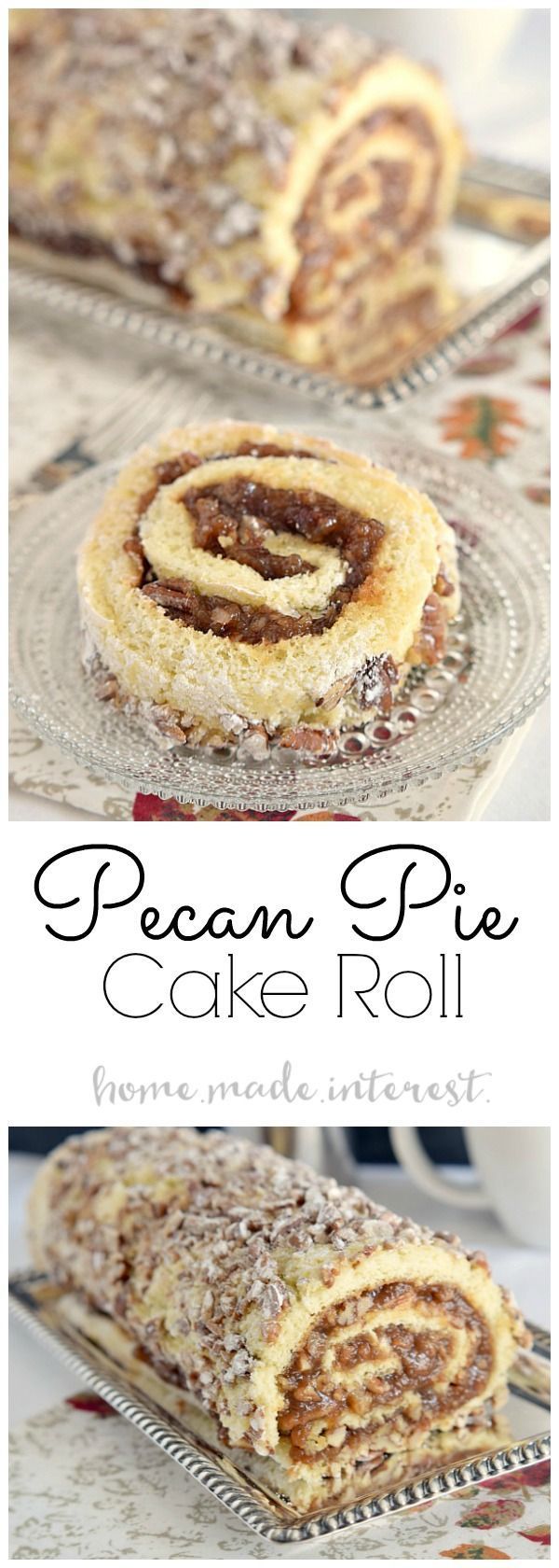 Pecan pie filling rolled into a light sponge cake make this pecan pie cake roll a