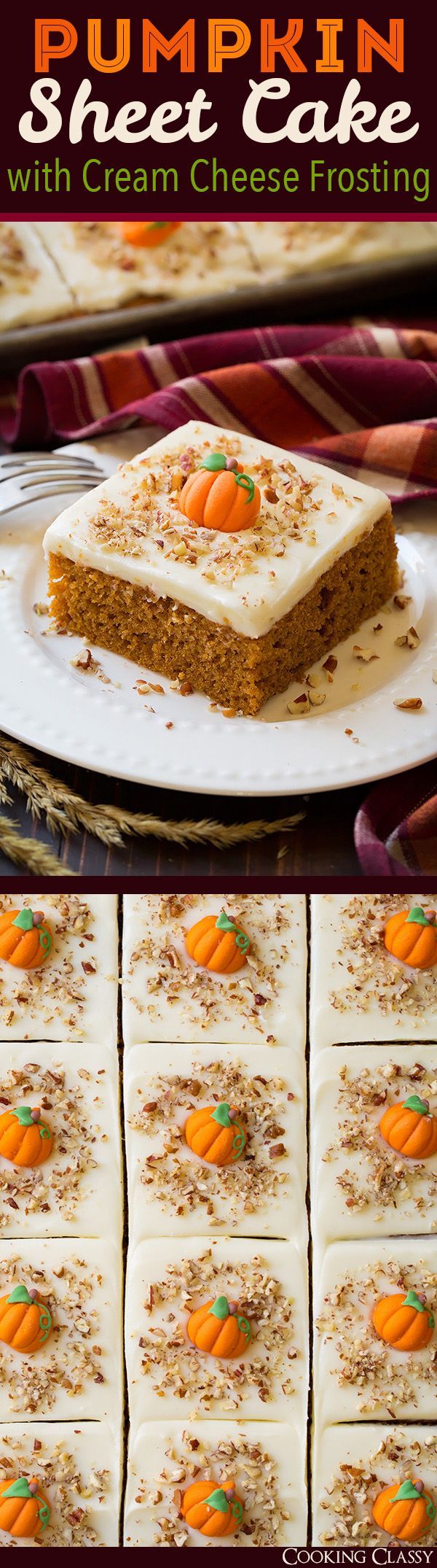 Pumpkin Sheet Cake with Cream Cheese Frosting – a cookie sheet full of pumpkin cak