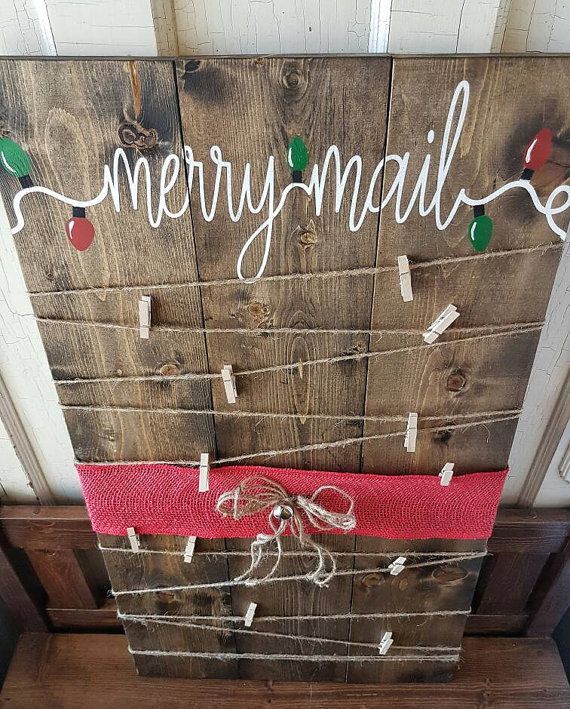 Christmas card holder- christmas decor- Merry Mail- Christmas wood sign- painted-