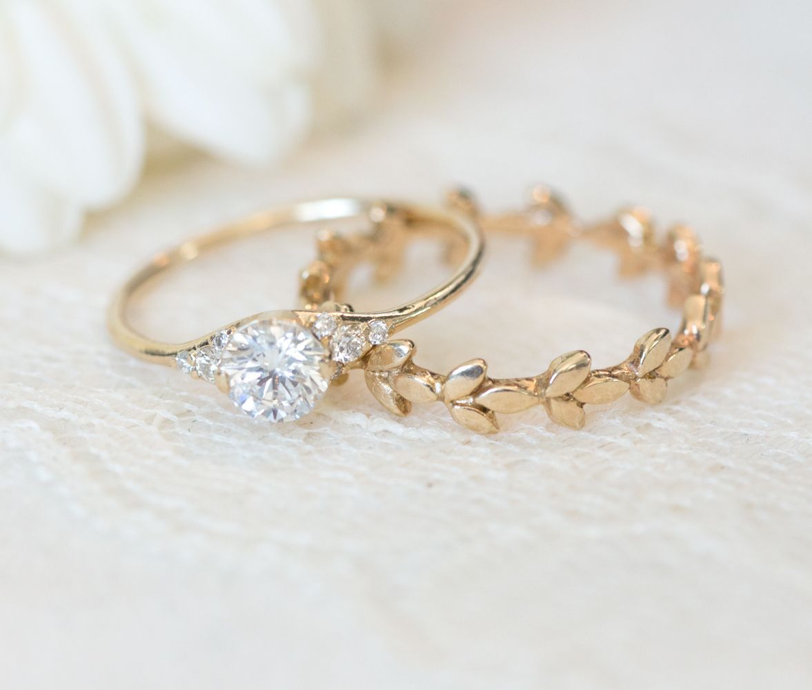 Diamond Engagement Ring and Yellow Gold Vine Wedding Band.