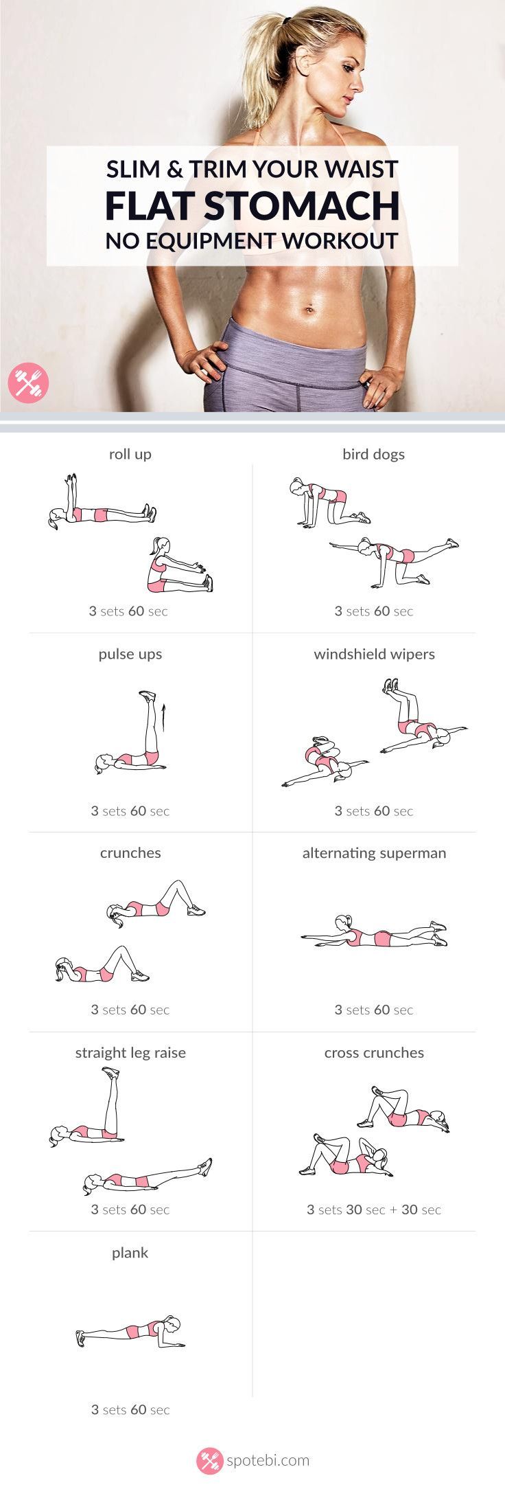 Flat Stomach ab workout with no equipment. Each execise 60 sec & 60 sec rest,