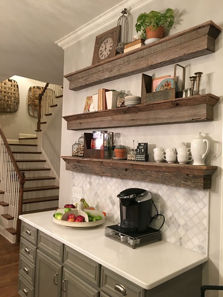 nice Floating Barnwood shelves – coffee bar area.. A great solution to a…