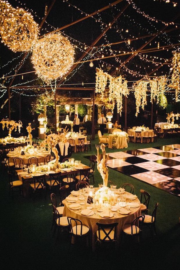 romantic string lights for evening wedding reception ideas