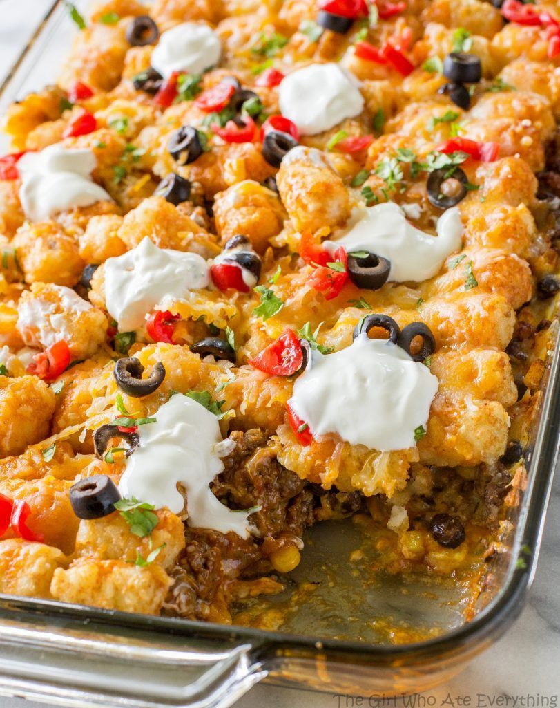 Tater Taco Casserole – A Mexican mixture of taco meat, beans, corn, and cheese top