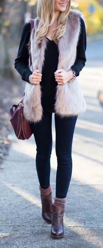 trendy winter brown camel faux fur vest glit. Paired it with black leggings and an