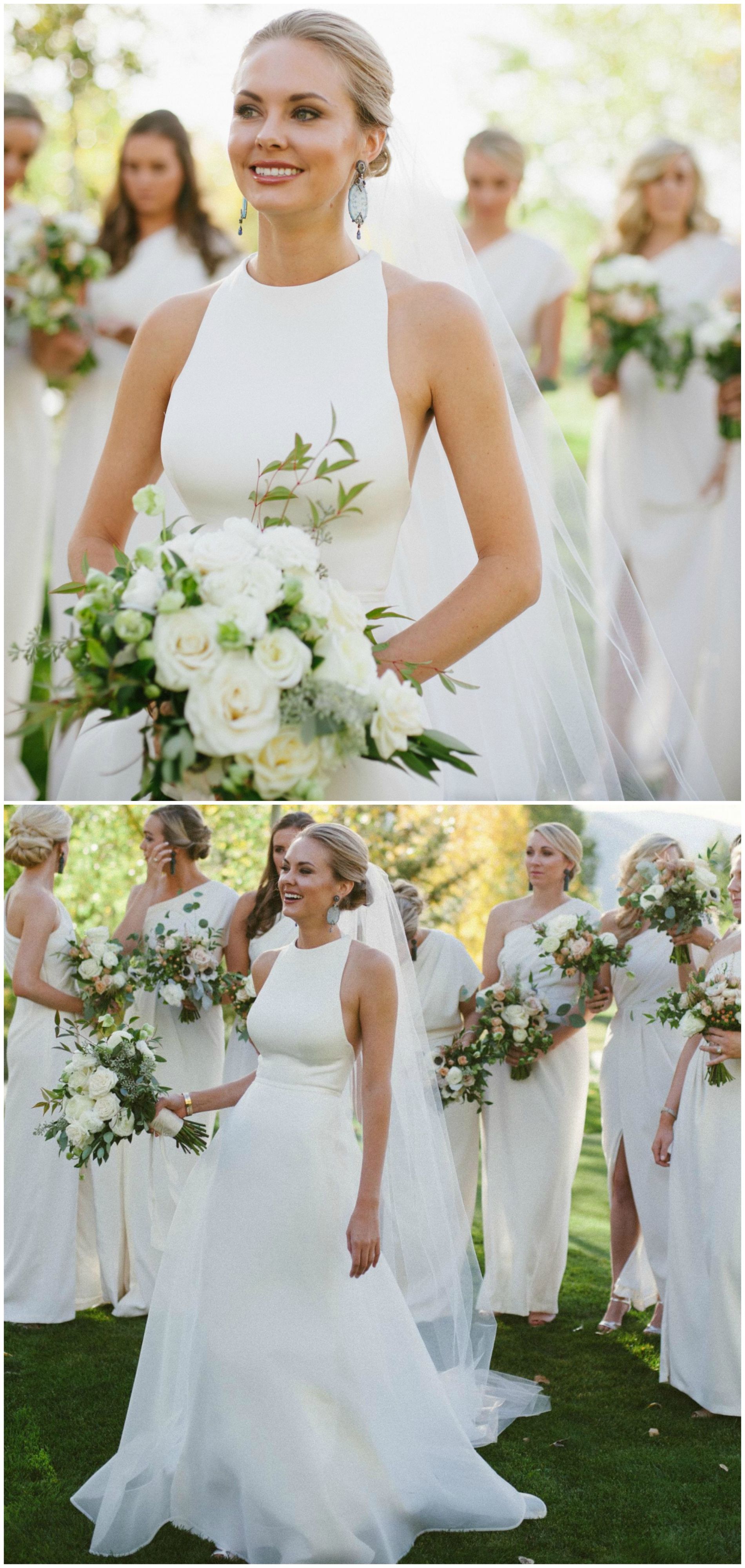 White satin dress, wedding style, a-line gown, high neckline, bridesmaids in white