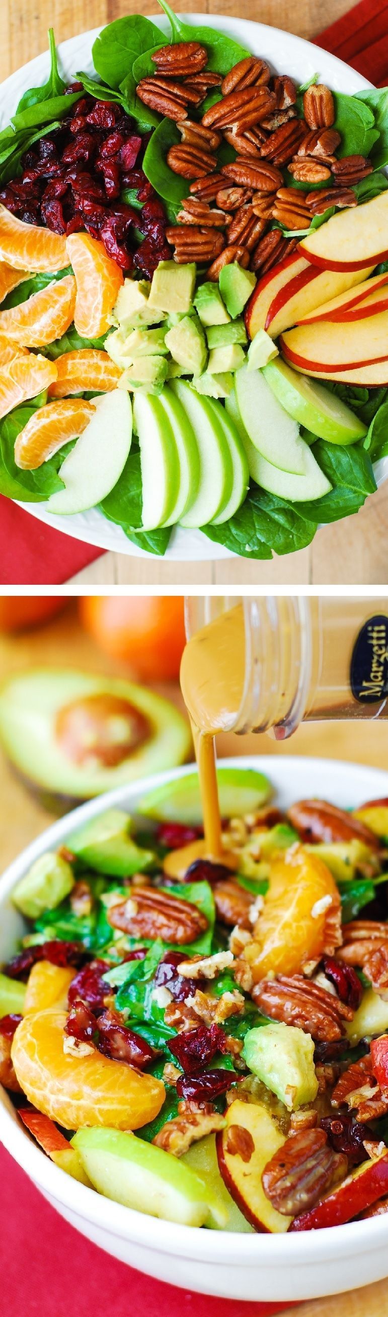 Apple Cranberry Spinach Salad with Pecans, Avocados – healthy, vegetarian, gluten free recipe.