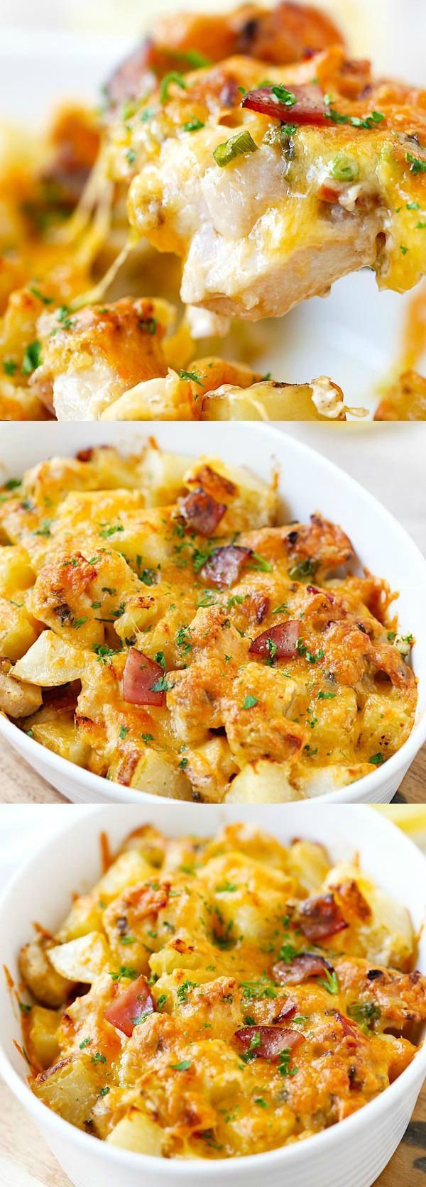 Baked Chicken and Potato Casserole – crazy delicious chicken potato casserole loaded with cheddar cheese, bacon and cream, easy