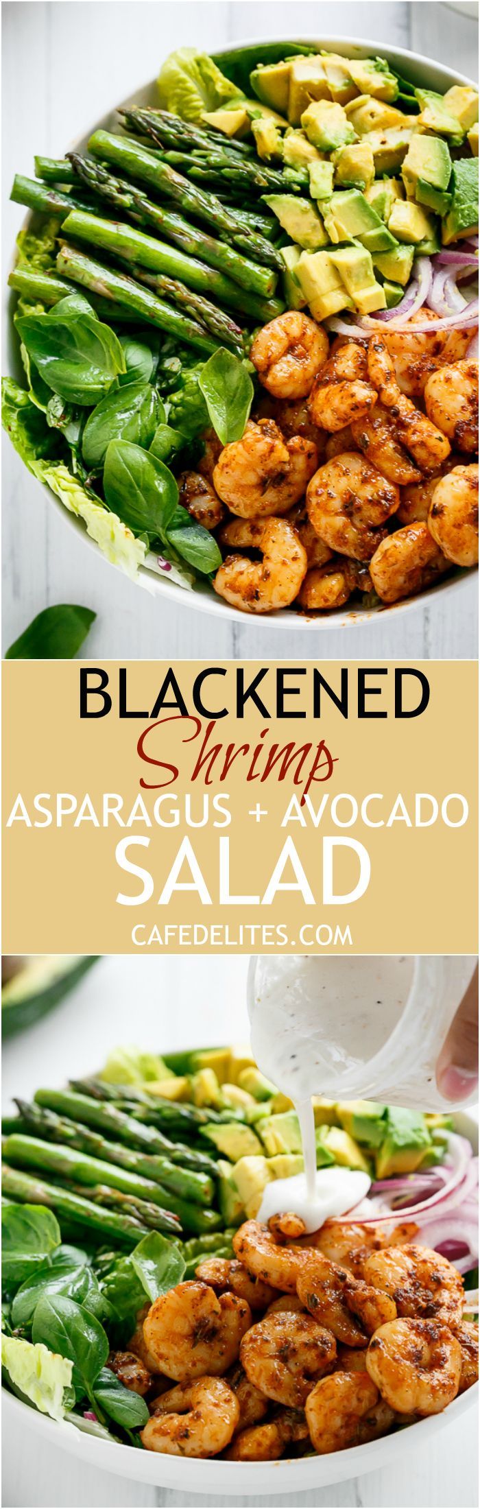 Blackened Shrimp, Asparagus and Avocado Salad with Lemon Pepper Yogurt Dressing is