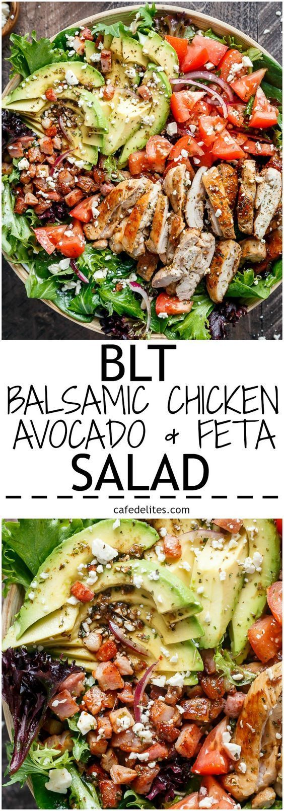 BLT Balsamic Chicken Avocado Feta Salad is a delicious twist to a BLT in a bowl, with a balsamic dressing that doubles as a