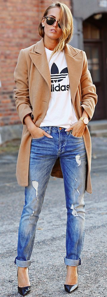 Camel Coat On White Sporty Tee Fall Street Style Inspo; Winter outfit; Fall outfit
