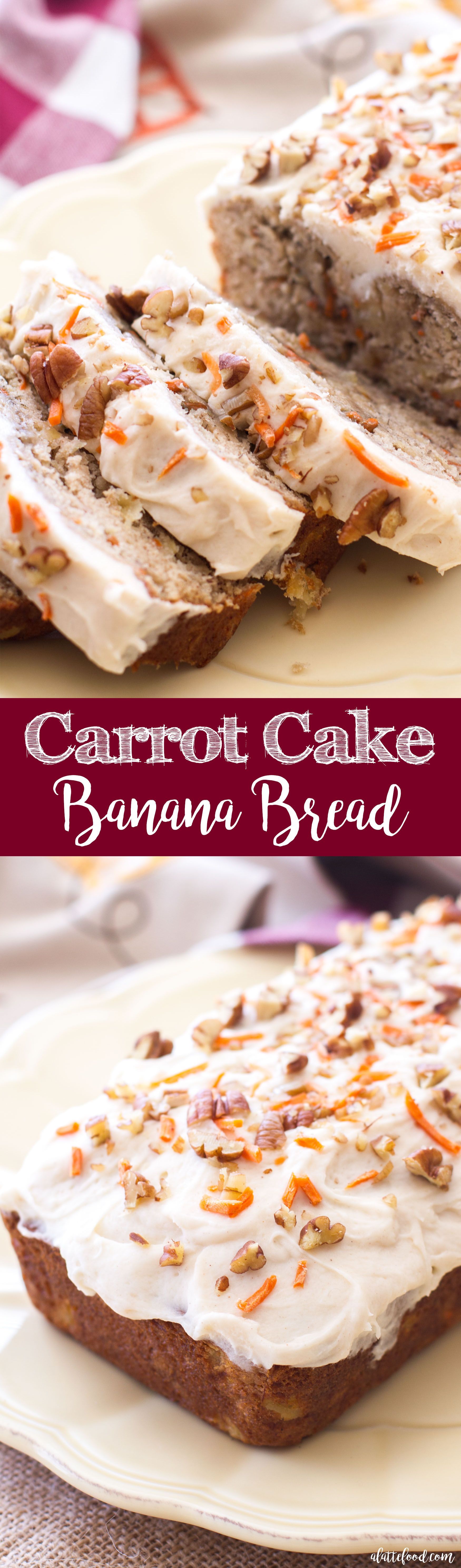 Carrot cake meets banana bread in this easy quick bread recipe! Moist, flavorful, and topped with rich homemade cream cheese
