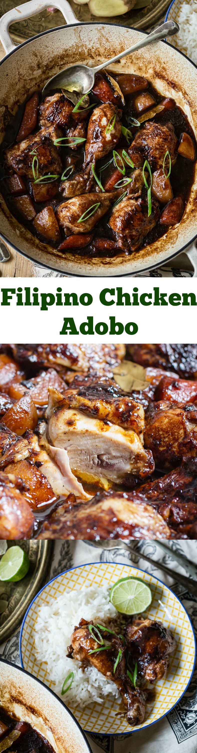 Delicious one pot chicken with carrots and potatoes in a rich and flavourful Filipino Adobo sauce.