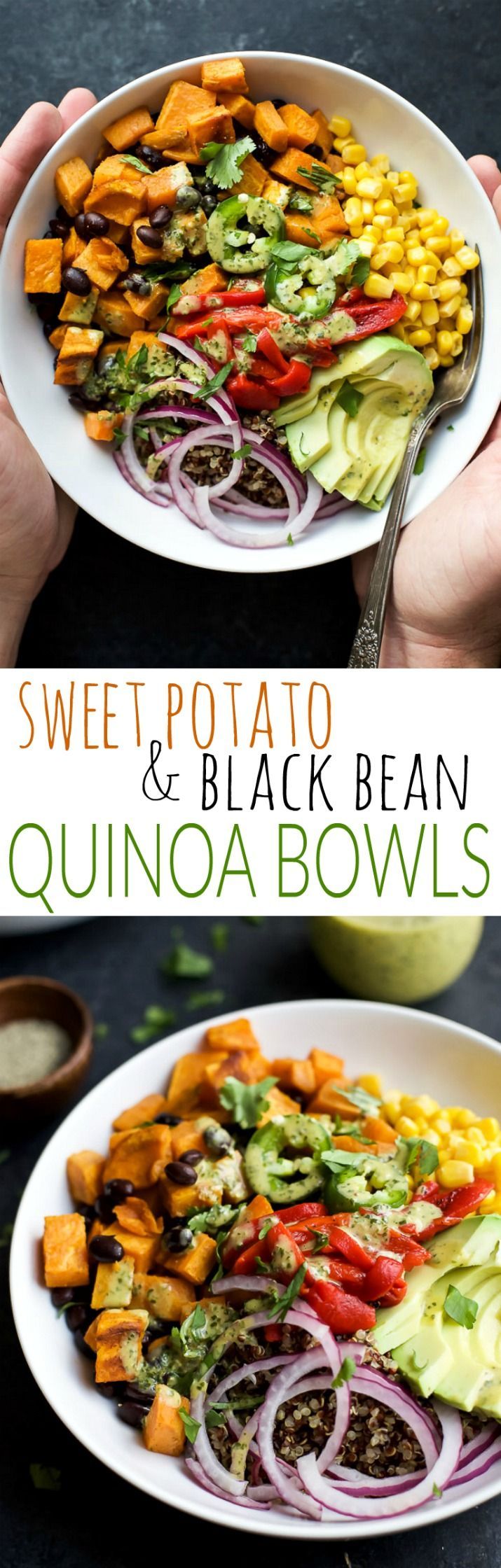 Easy SWEET POTATO BLACK BEAN QUINOA BOWLS topped with a zesty Cilantro Dressing you’ll want to pour all over. A fresh vegetarian
