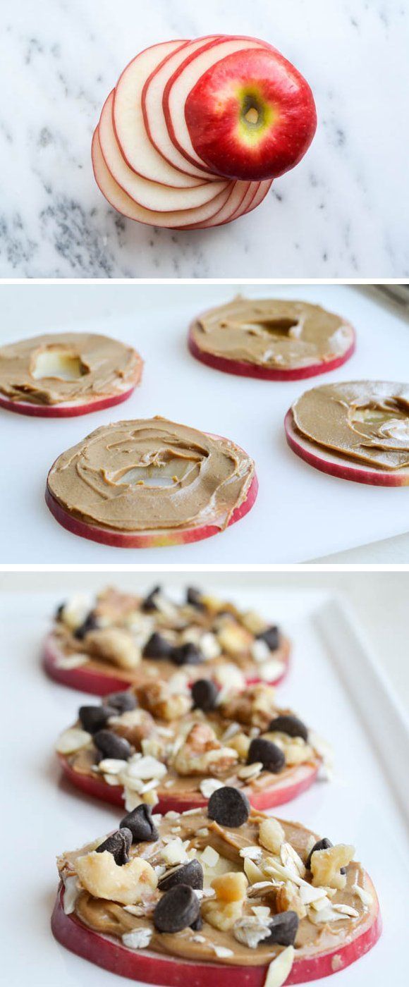Good Snack Ideas ♥ Easy Snack Foods “Apple cookies make the perfect snack: Crisp juicy apple slices, smothered with nut butter,