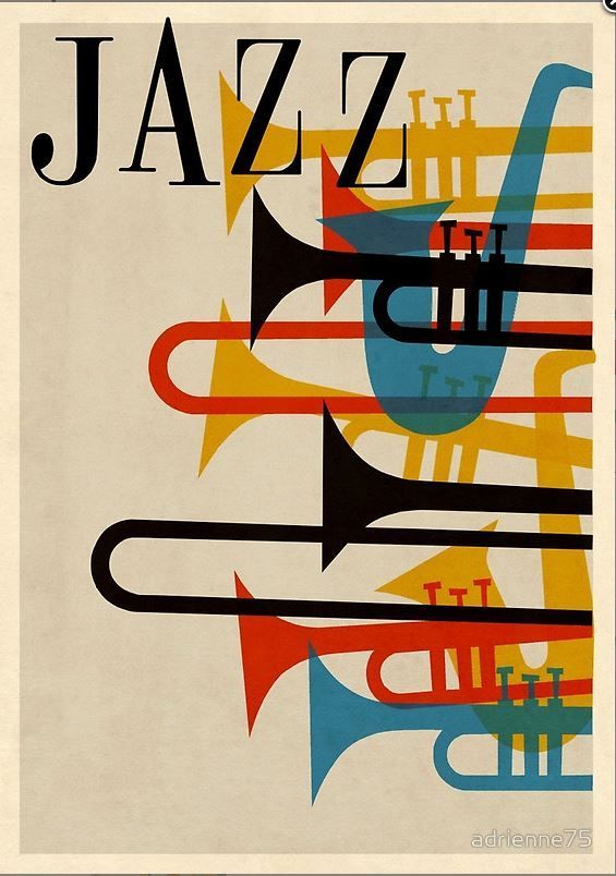 jazz music spirit sax trumpet horn saxophone french beatnik vintage retro hip hep 1950s 50s poster graphic 1950s 50s red blue