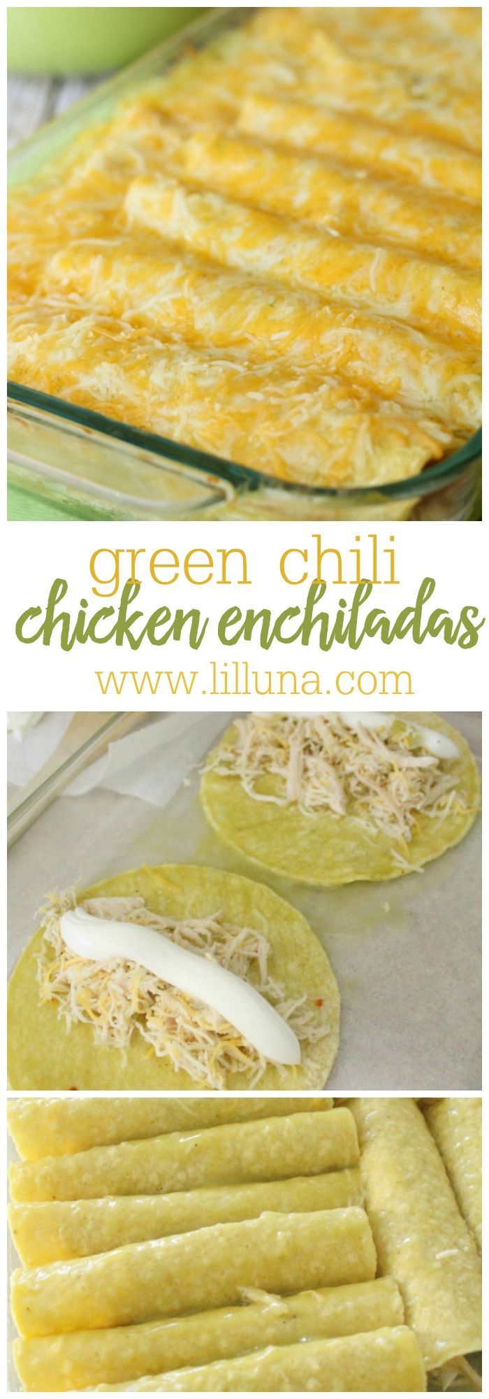 Las Palmas Chicken Enchiladas – such an easy and delicious recipe! Includes shredded chicken, green chili, sour cream, and cheese