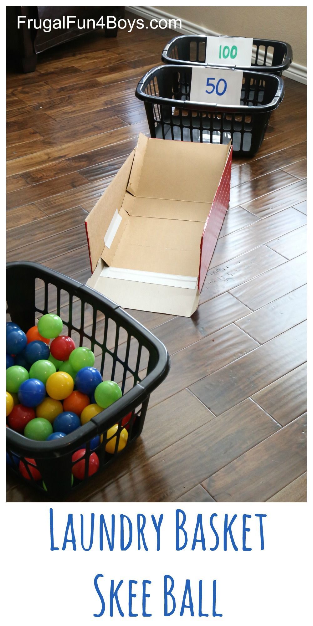 Laundry Basket Skee Ball with ball pit balls – what an awesome indoor active game